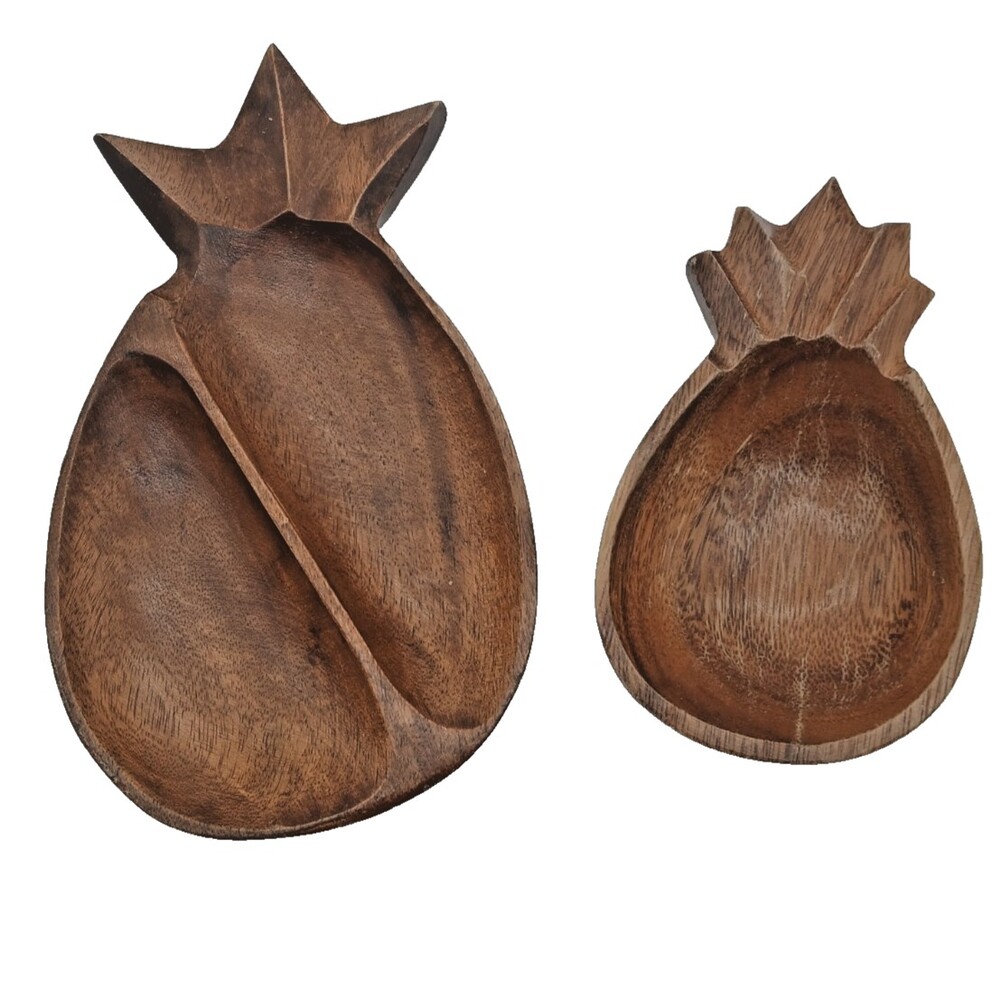 Vintage Wooden Carved Pineapple Bowls Trinket Dish Tiki Made in Philippines